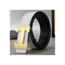 (White+Gold, 125cm) PU Leather H Belt Smooth Buckle