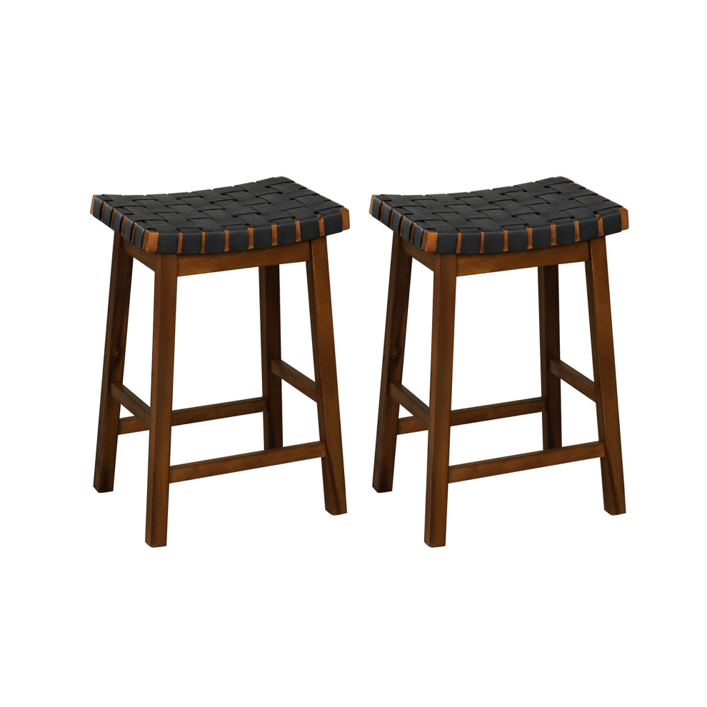 Set of 2 Woven Saddle Stools Faux PU Leather Counter Height Stools 65cm Barstool