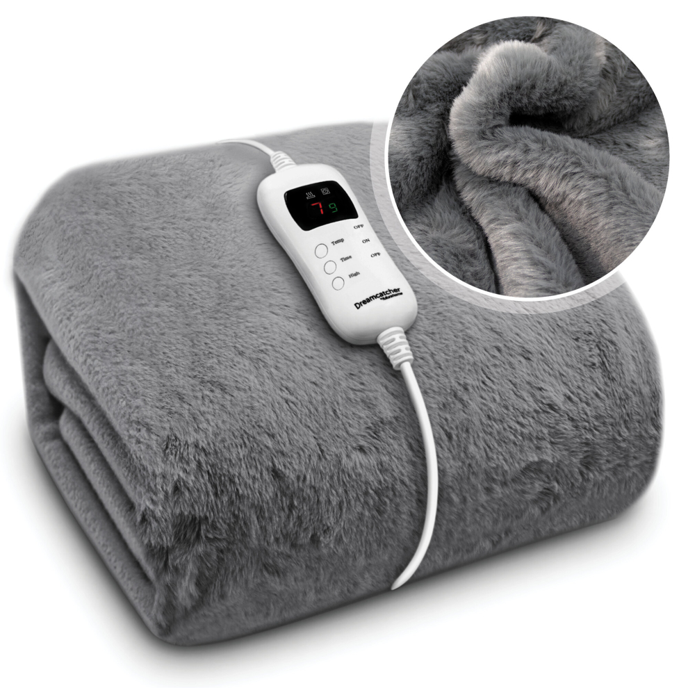 Dreamcatcher Dark Heated Throw Faux Fur Electric Blanket 160 X 130Cm Thermal Blanket & Timer 9 Heat Settings Grey