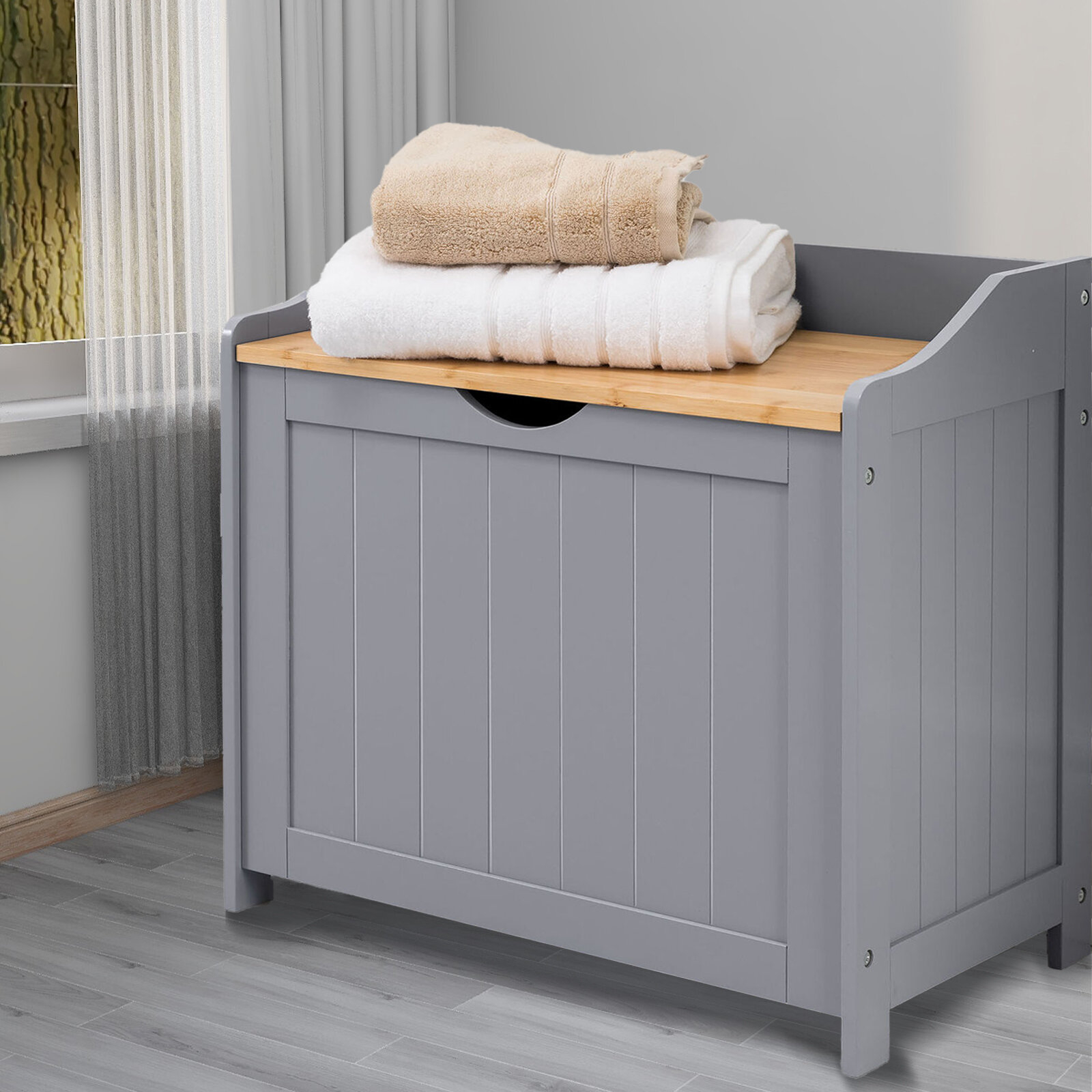 Laundry Basket Wooden Bathroom Laundry Bin Storage Floor w/Lift