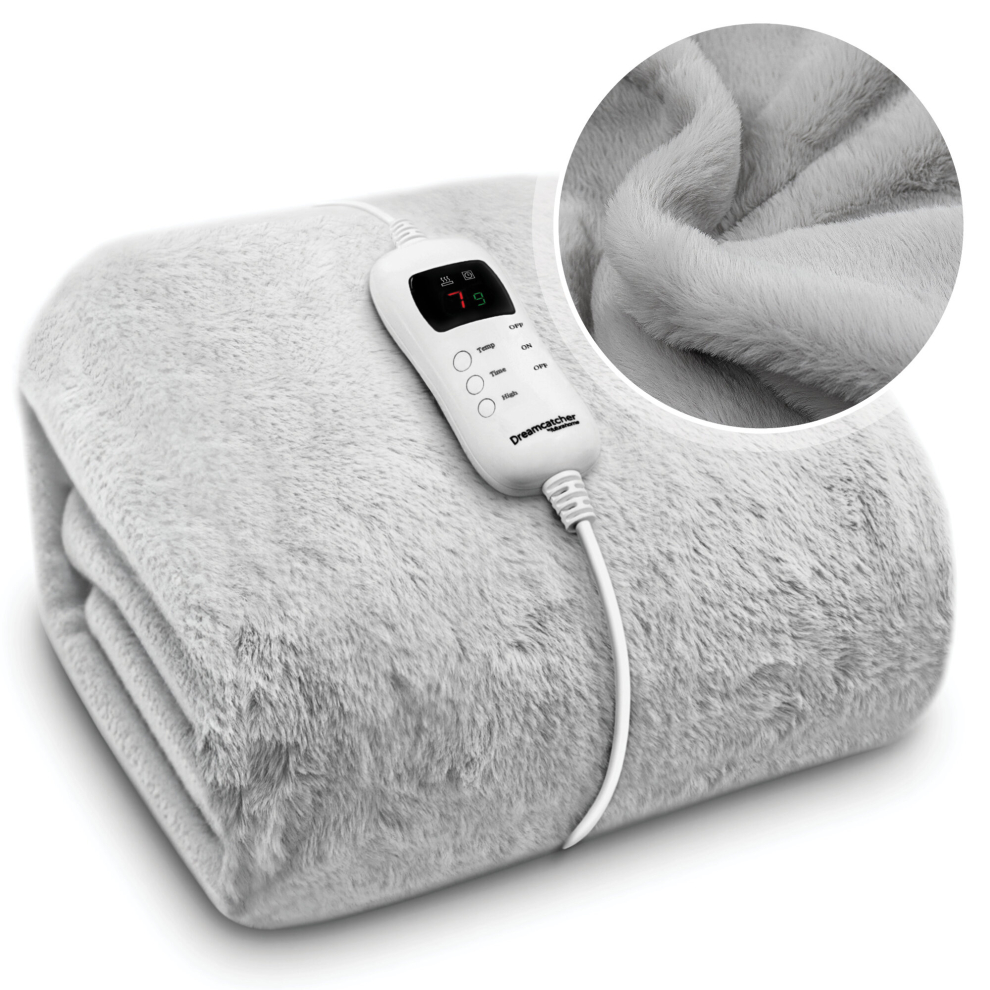 Dreamcatcher Light Heated Throw Faux Fur Electric Blanket 160 X 130Cm Thermal Blanket & Timer 9 Heat Settings Grey