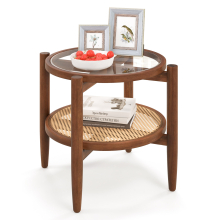 2-Tier Round Side Table Glass Top End Accent Coffee Table W/ Storage Shelf