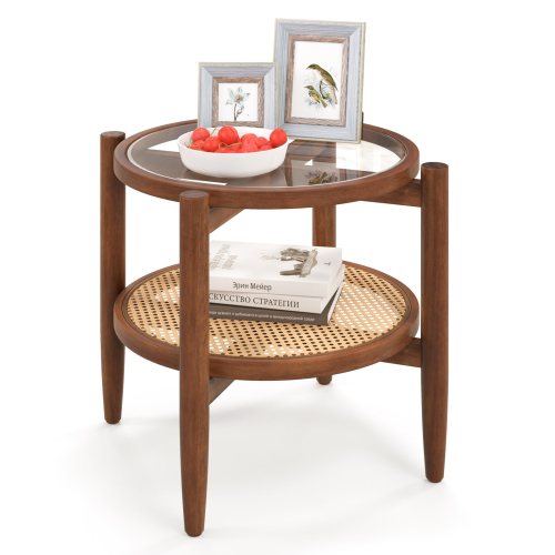 Costway 2-Tier Round Side Table Glass Top End Accent Coffee Table W/ Storage Shelf