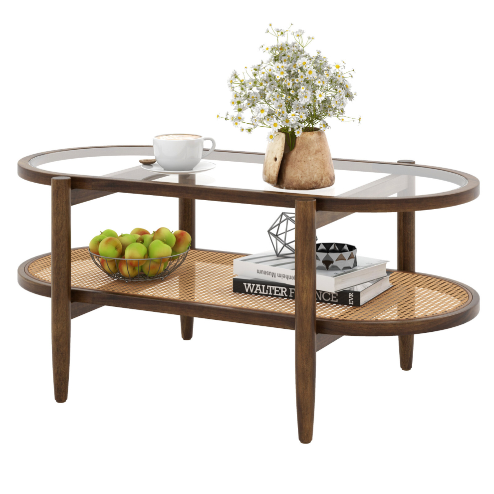 2-Tier Coffee Table Rattan Center Tea Cocktail Table Tempered Glass Tabletop Wooden