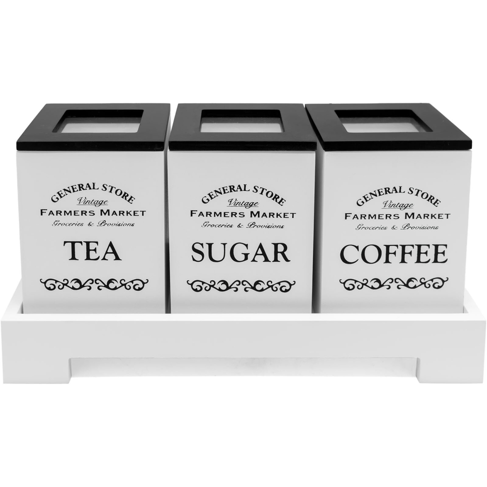 White Tea Coffee Sugar 3 Piece Canister Set with Stand