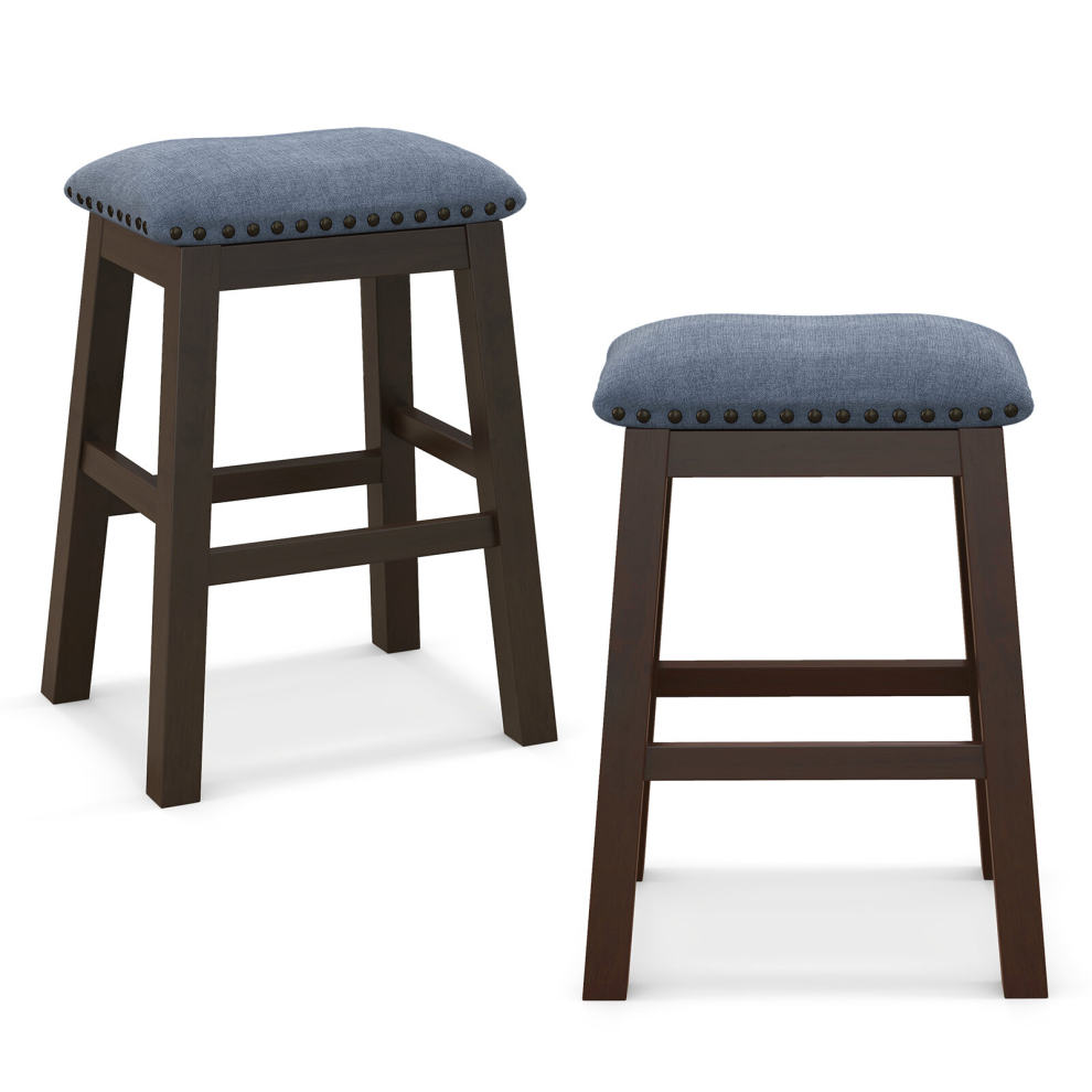 Set of 2 Bar Stools Saddle Padded Seat Counter Height Stools W/ Wood Legs