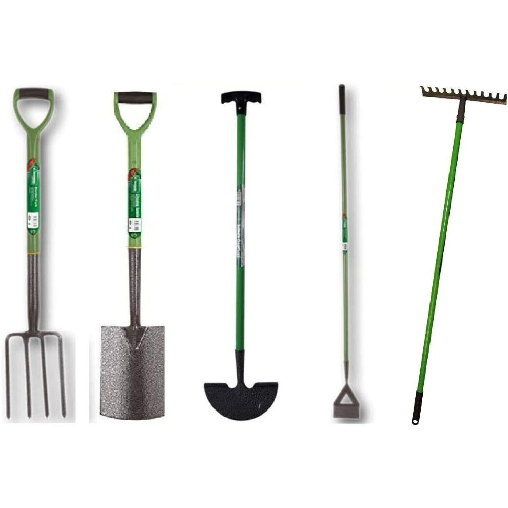 (Spade Fork Rake Edge & Hoe Set	) Garden Farming Lightweight Carbon Steel Tools