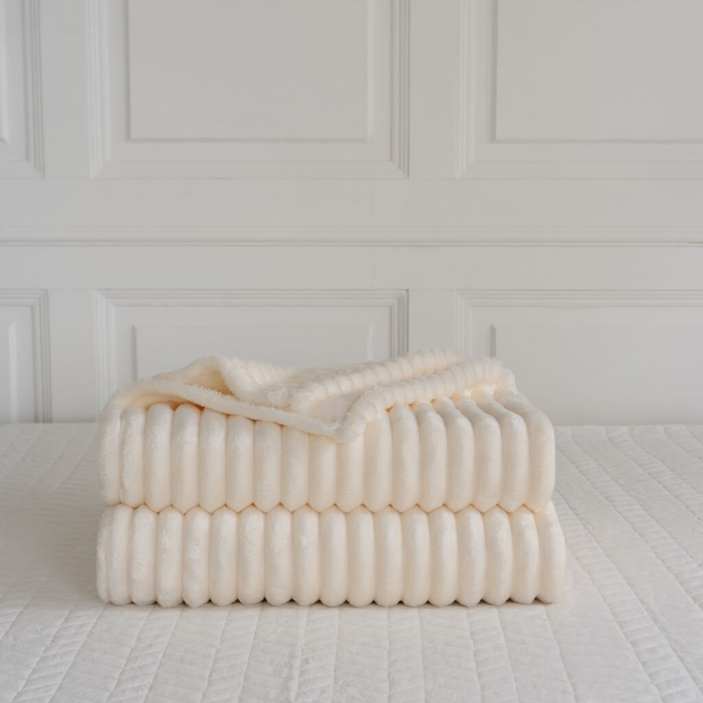 (Double 150x200cm , Ivory) Luxury Fleece Chunky Cord Throw Warm Sofa Blanket