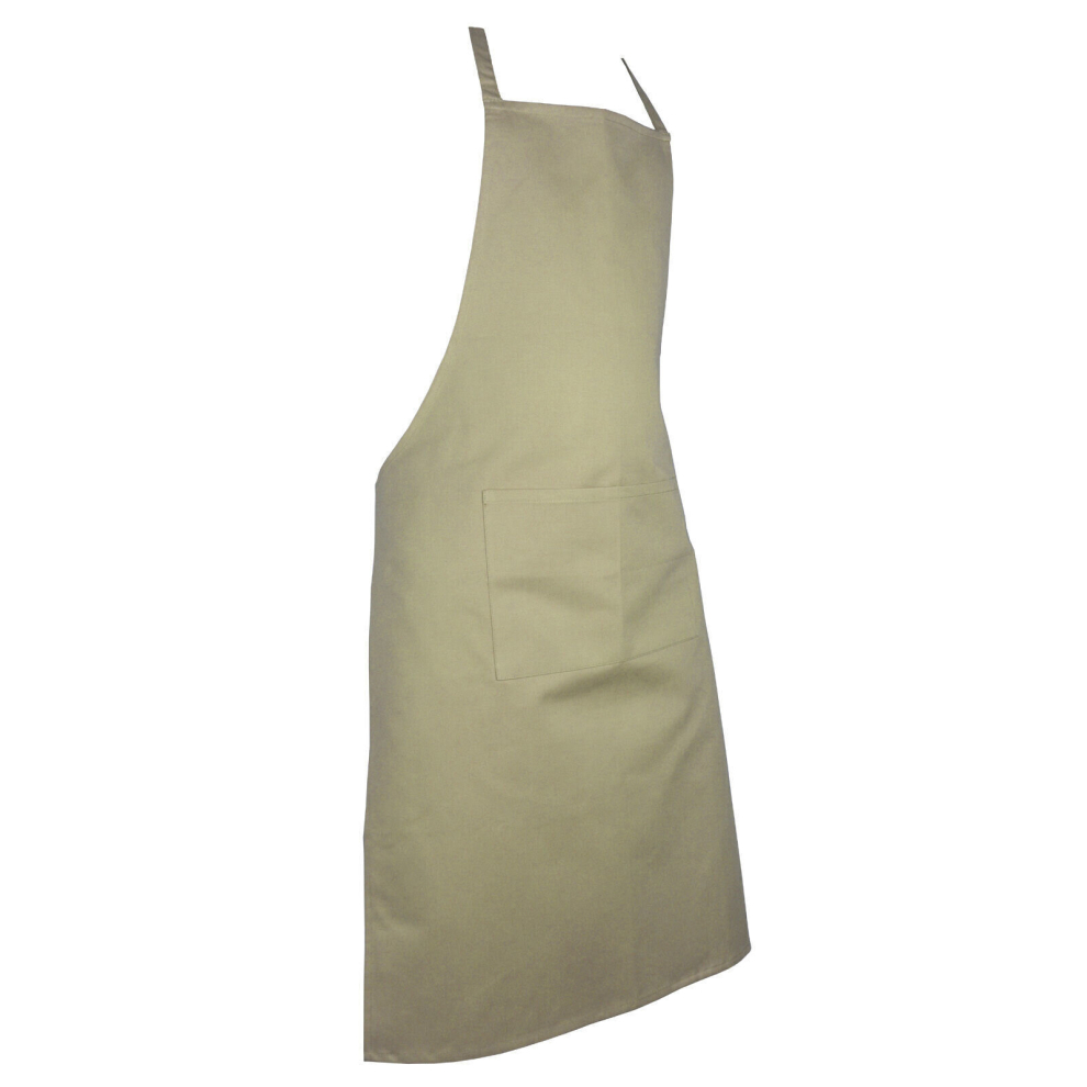 (Khaki) Full plain apron with front pocket for chefs, butchers, kitchen cooking, craft, and baking.