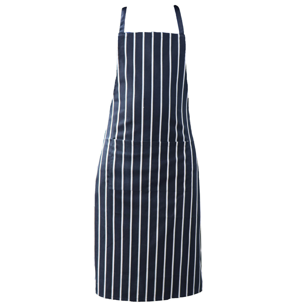 (Navy Blue Stripe) Full plain apron with front pocket for chefs, butchers, kitchen cooking, craft, and baking.