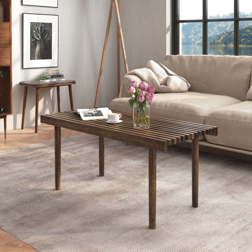 Costway Modern Coffee Table Accent Center Tea Table Cocktail Table with Slatted Tabletop 2