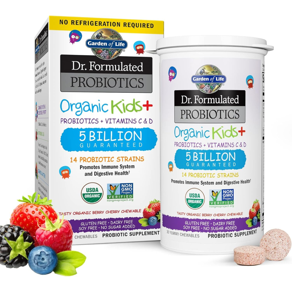 Garden of Life Dr. Formulated Probiotics Organic Kids+ Plus Vitamin C & D - Berry Cherry - Immune & Digestive Health Supplement 30 Chewables