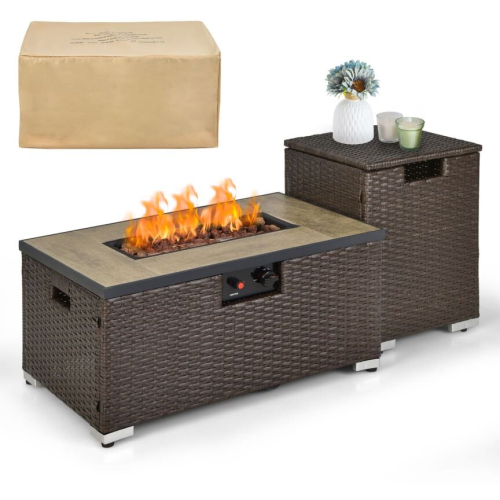 40000 BTU Outdoor Propane Rattan Fire Pit Table Set w/ Side Table Tank ...