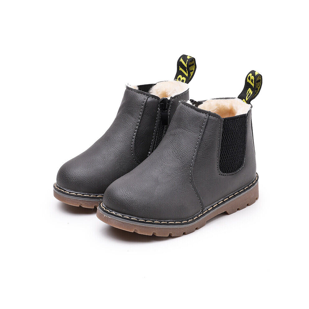 (  Grey+Fur Lined,   UK 13 Kids(EU Size 33)) Kids Ankle Boots Boys Girls Winter Warm Snow Boots Chelsea Fur Lined Shoes
