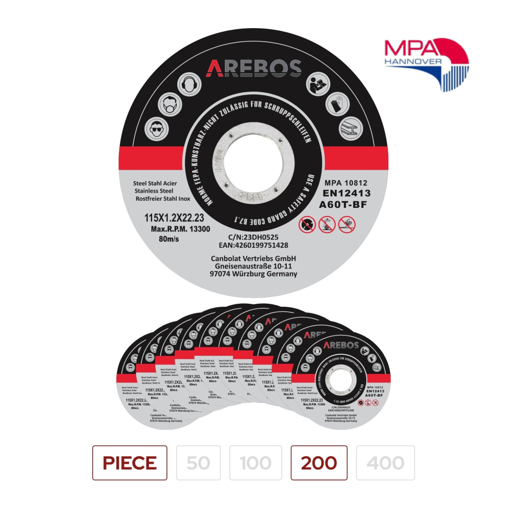 AREBOS 200 Metal Cutting Discs | Stainless Steel Cutting Discs | 115 x 1.2 x 22.23 mm | For Angle Grinder