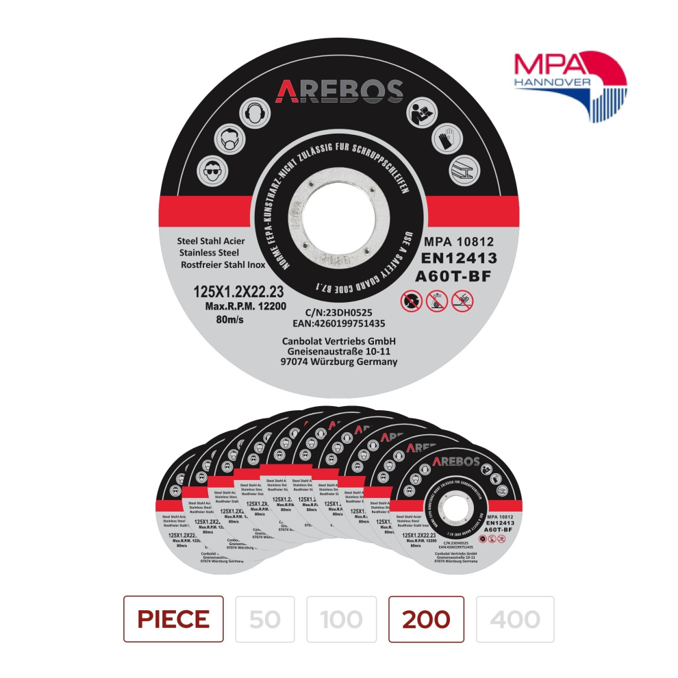 AREBOS 200 Metal Cutting Discs | Stainless Steel Cutting Discs | 125 x 1.2 x 22.23 mm | For Angle Grinder