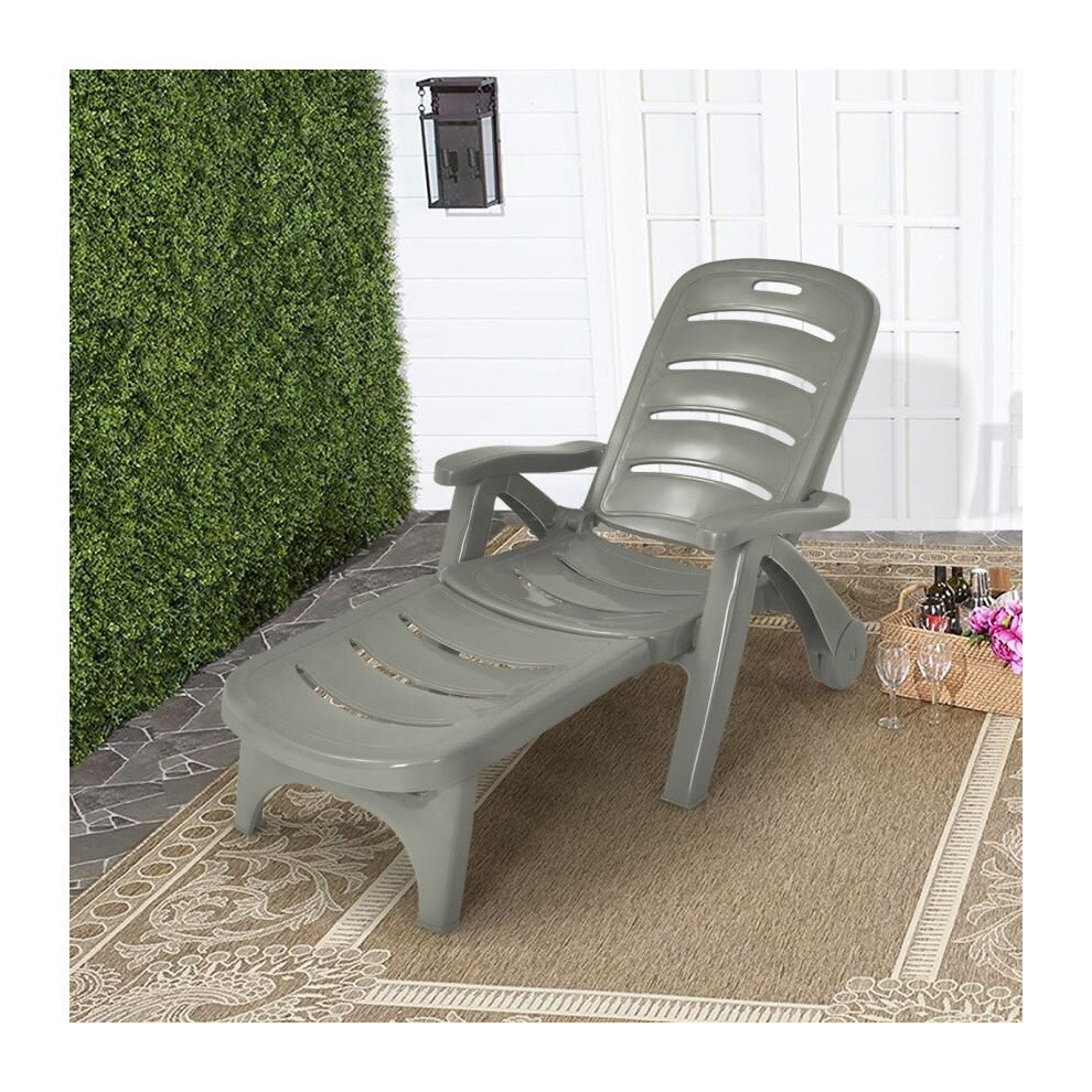 Folding  Chaise Lounge Reclining Chair 5-Position Recliner w/ 2 Built-In Wheels