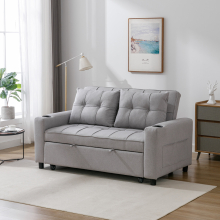 (Light Grey) HUDSON 2-SEATER SOFA BED LINEN FABRIC WITH CUP HOLDERS