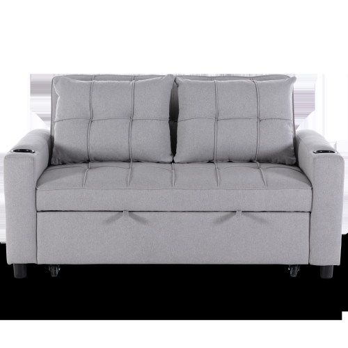 MORE4HOMES (Light Grey) HUDSON 2-SEATER SOFA BED LINEN FABRIC WITH CUP HOLDERS 1