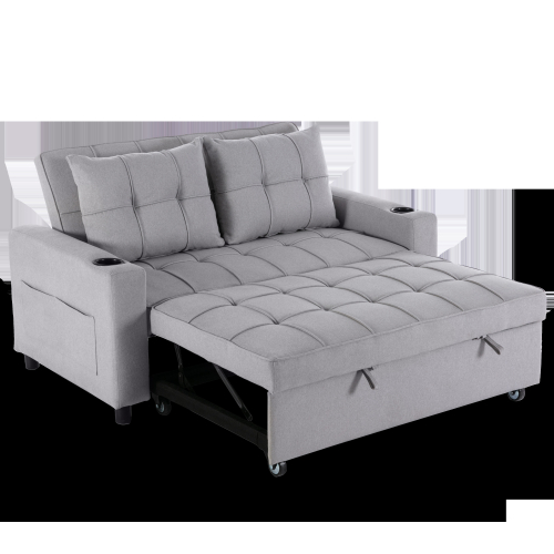 MORE4HOMES (Light Grey) HUDSON 2-SEATER SOFA BED LINEN FABRIC WITH CUP HOLDERS 2
