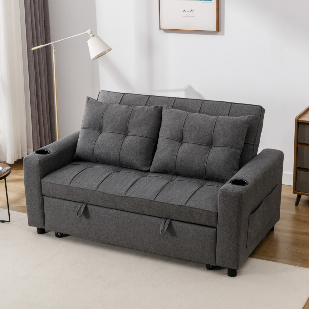 (Grey) HUDSON 2-SEATER SOFA BED LINEN FABRIC WITH CUP HOLDERS