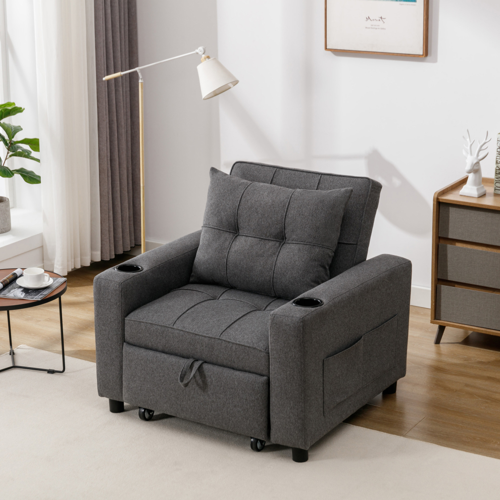 More4homes Hudson 1-Seater Linen Sofa Bed With Cup Holders & Side Pocket Storage - Grey (Fur-Rc1-Ln-Hudson-Grey)