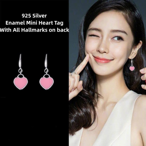 (Pink) Art Deco Style Mini Heart Tag Enamel Drop Earrings 2