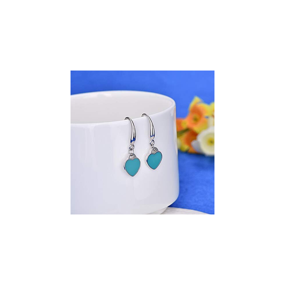 (Blue) Art Deco Style Mini Heart Tag Enamel Drop Earrings