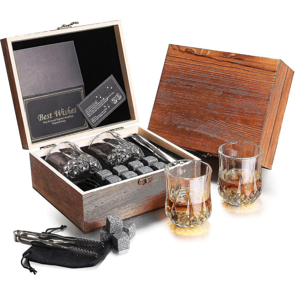 Whiskey Glasses Set - Fine Wood Gift Box, With 2x Whiskey Glasses, 8x Granite Whiskey Stones, Velvet Bag And Clip, Gift For Men