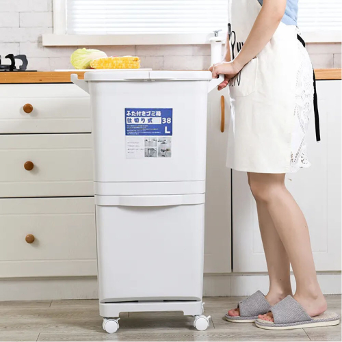 Living And Home 38L White Double-Layer Three-Compartment Trash Can with Wheels 1