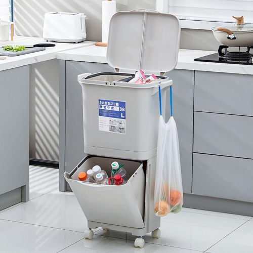 Living And Home 38L White Double-Layer Three-Compartment Trash Can with Wheels