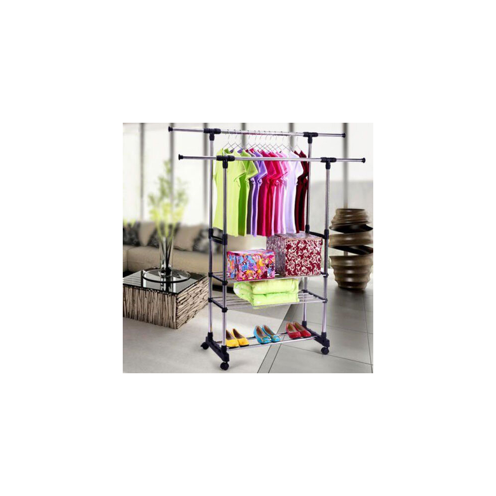DOUBLE CLOTHES COAT RAIL GARMENT DRESS HANGING DISPLAY STAND SHOE RACK ON WHEELS