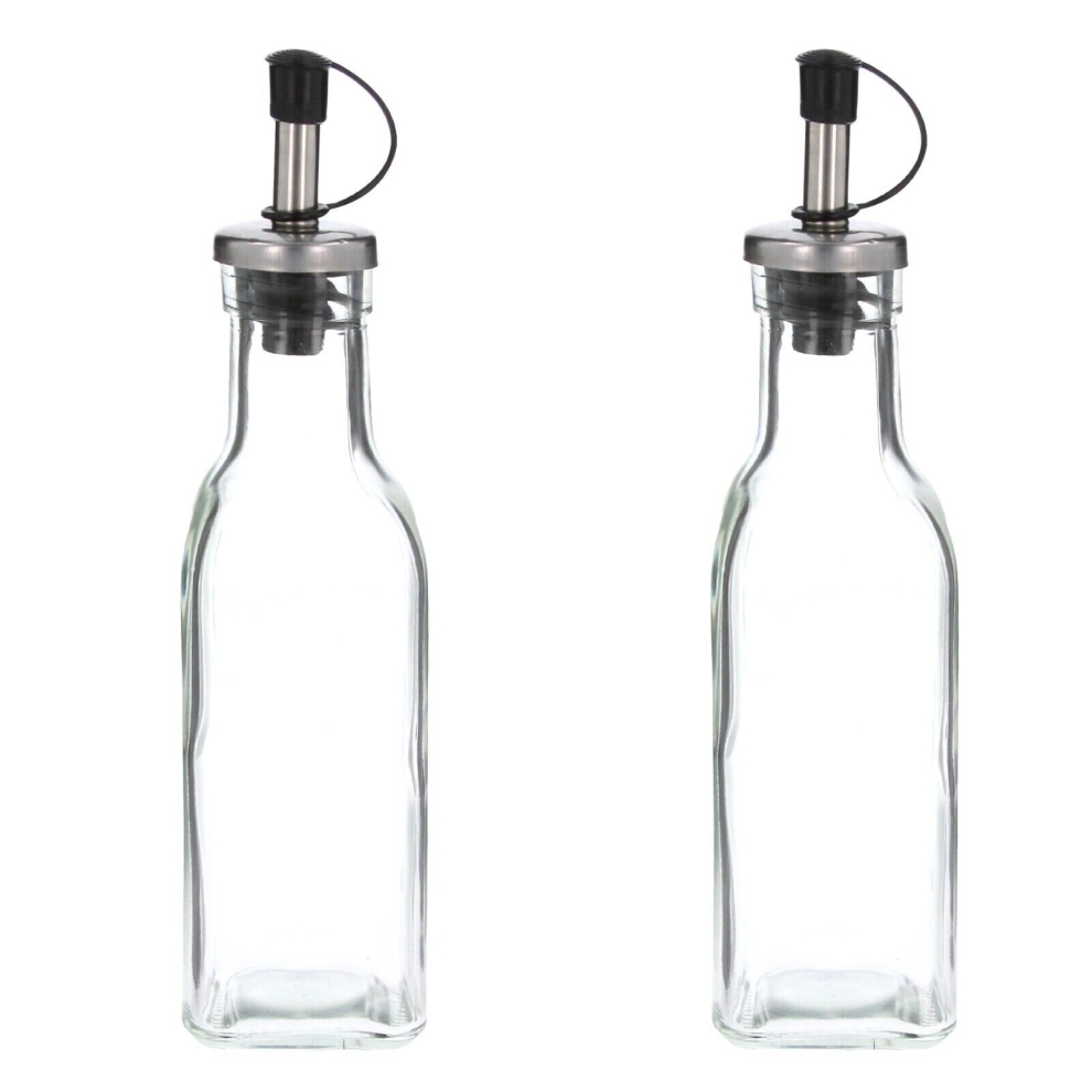 Olive Oil Pourer Bottles Glass Vinegar Drizzler Dispenser Lid 200ml x2