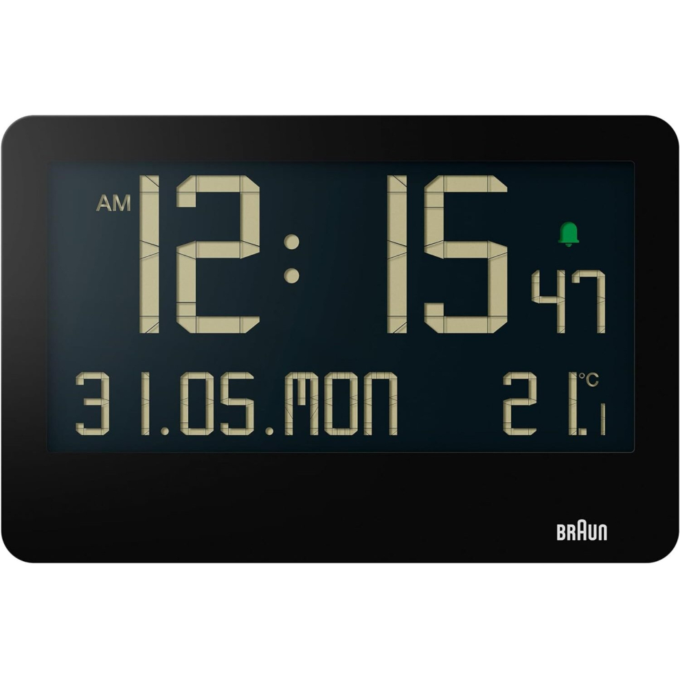 Braun Digital Wall Clock With Indoor Temperature Lcd Display Alarm Black