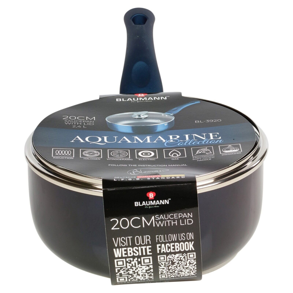 ( Aquamarine,   20x8.5cm Saucepan with Glass L...) Blaumann Cookware Frying Grill Pots Pan Saucepan Casserole Soft Touch Handle Lid