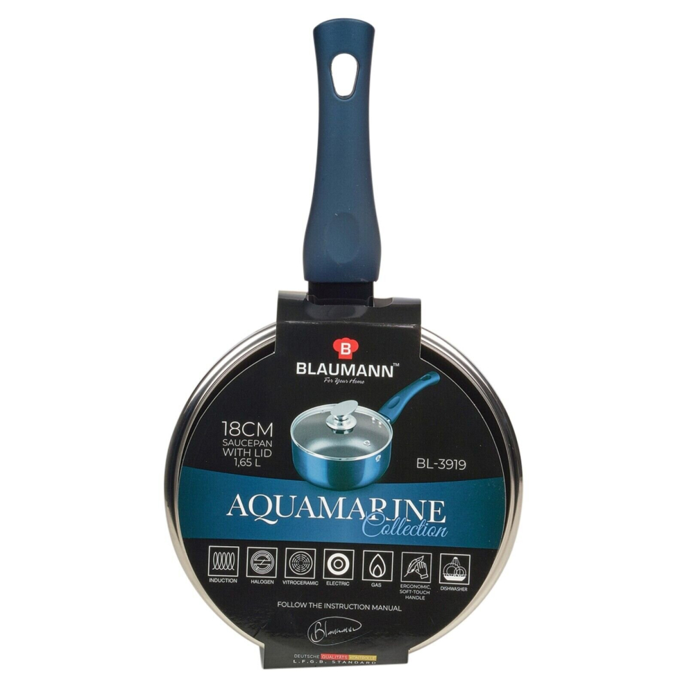 ( Aquamarine,   18x8cm - Saucepan with Glass L...) Blaumann Cookware Frying Grill Pots Pan Saucepan Casserole Soft Touch Handle Lid