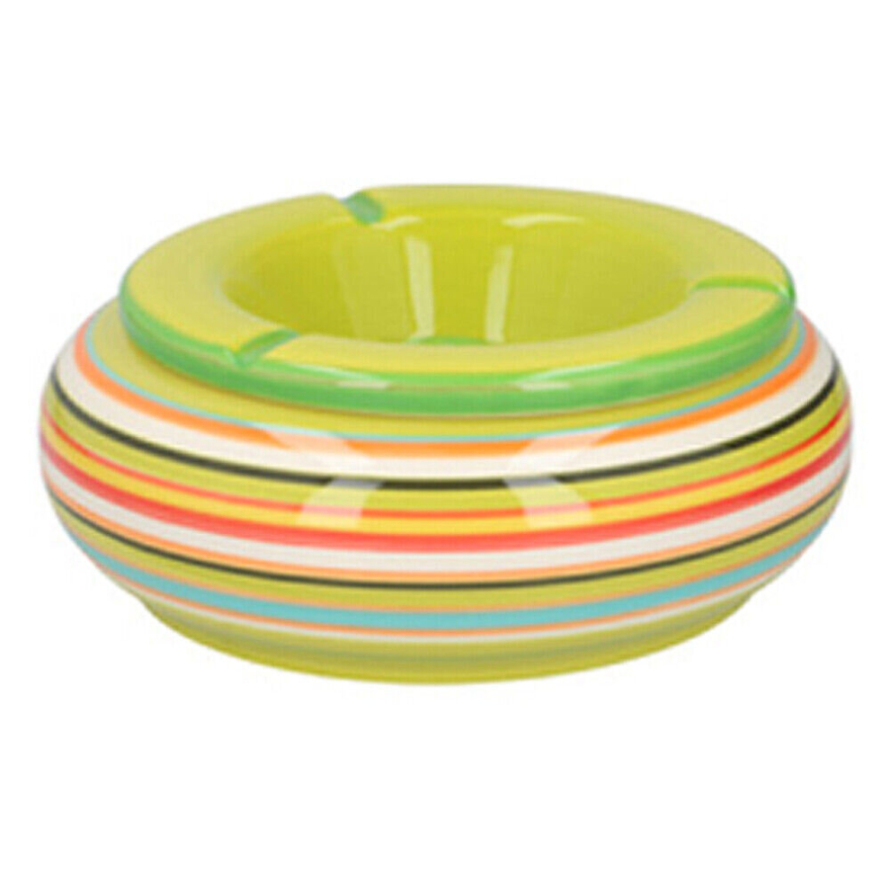 (Green - Large) Ceramic Stripy Round Ash Tray Ashtray Smoking