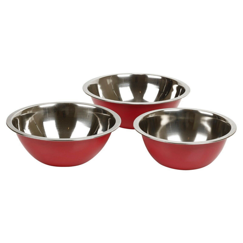 (Red) 3 Mixing Bowls Stainless Steel Metal Bowl Set