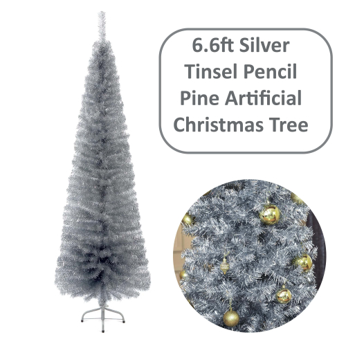 AAMEN 6.6ft Silver Tinsel Pencil Pine Artificial Christmas Tree 2