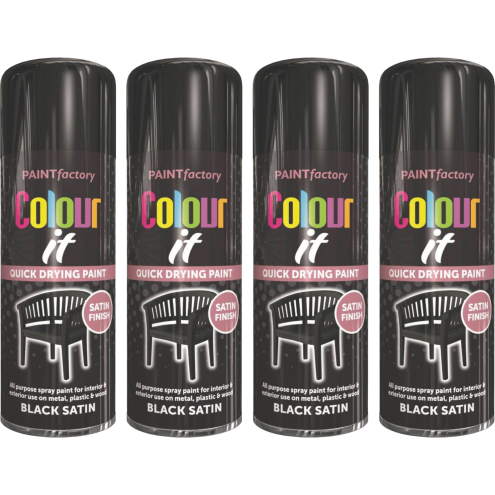 4 x 400ML Black Satin All Purpose Spray Paint for Wood Metal Plastic