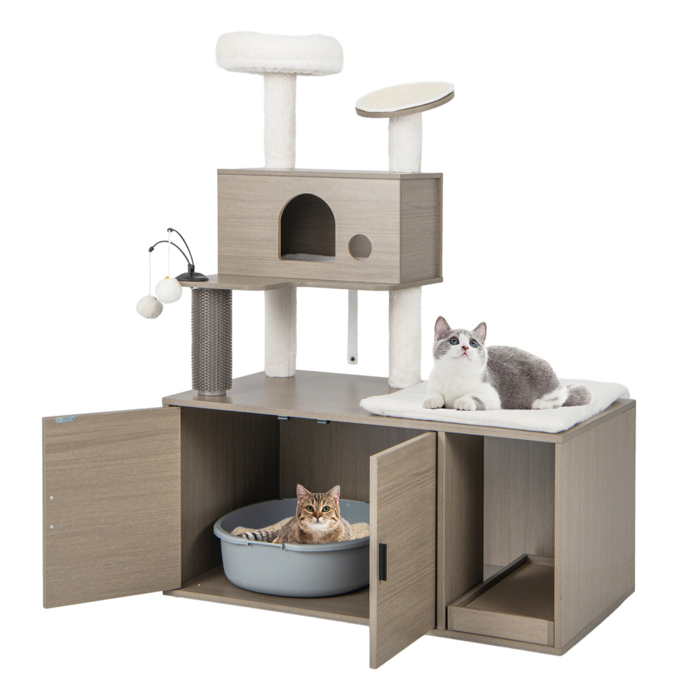 Cat Tree Litter Box Enclosure 2-in-1 Cat Tower W/ Cat Condo Scratching Board