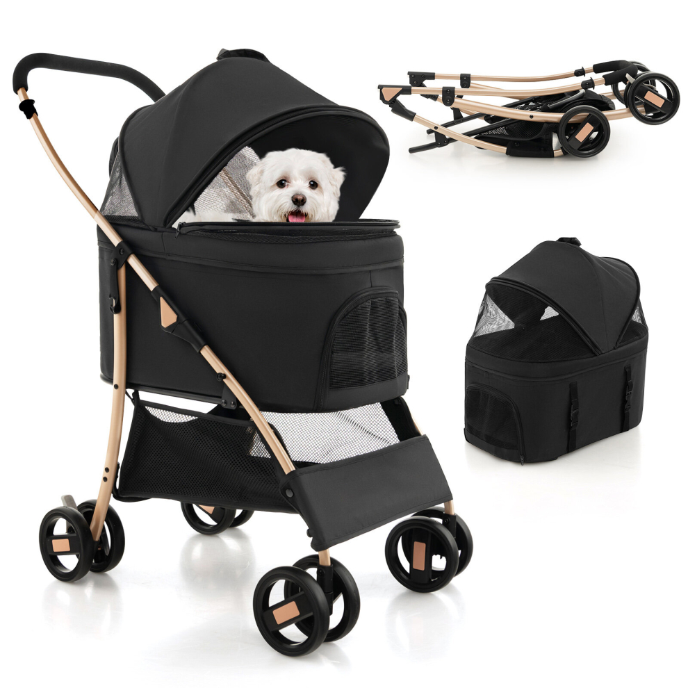3-In-1 Pet Stroller Foldable Dog Cat Travel Strolling Cart W/ Adjustable Canopy