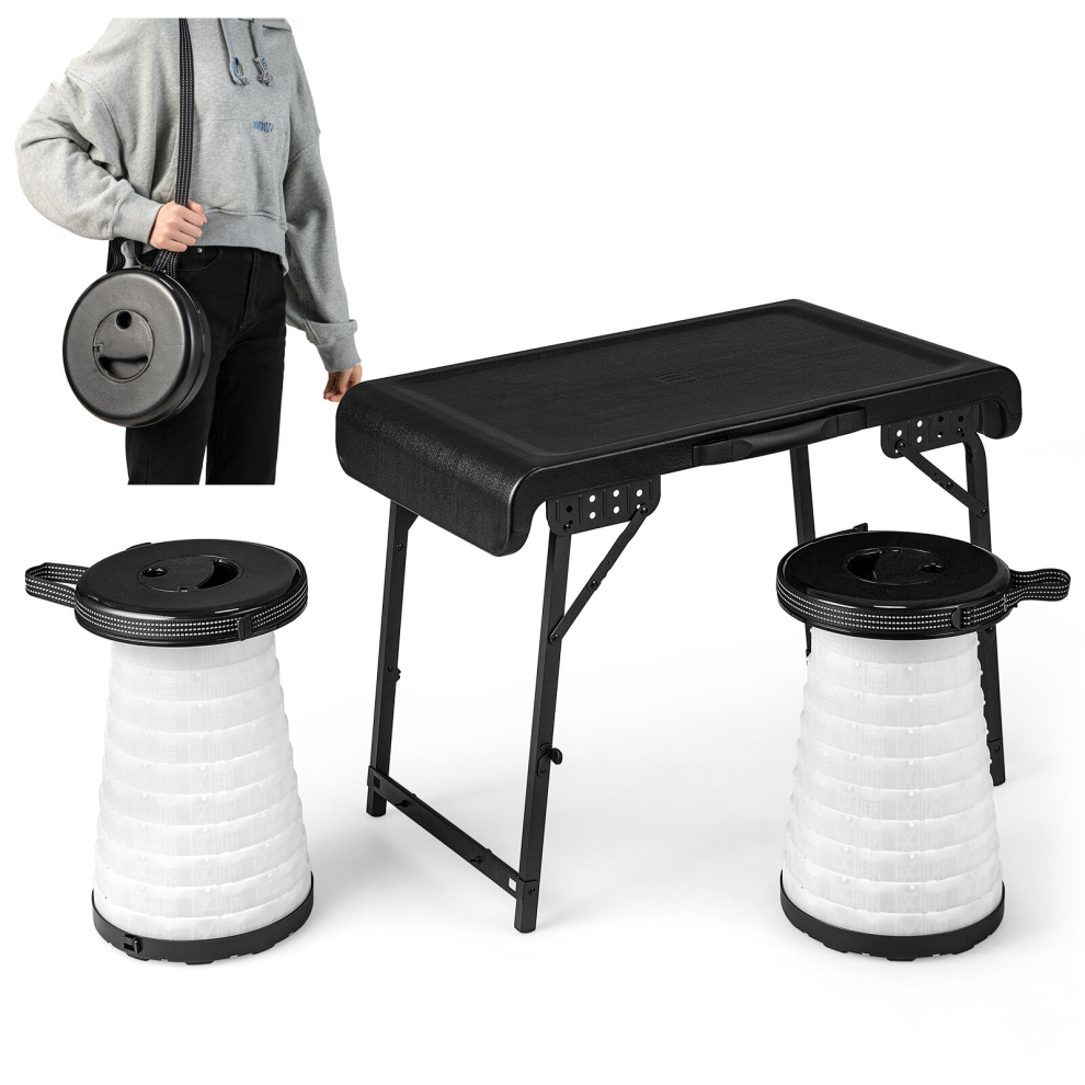 3-Piece Folding Camping Table & Stool Set with 2 Retractable LED Stools