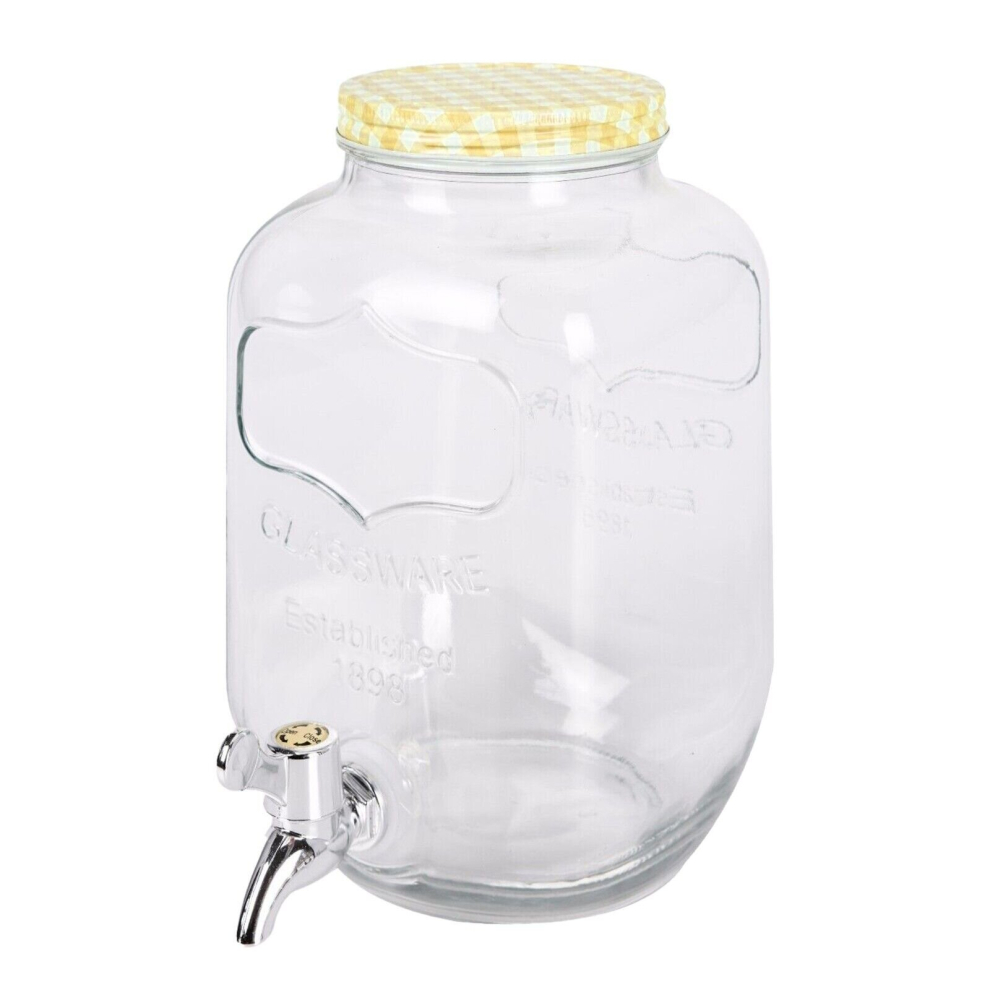 (4 Litre Drinks Dispenser with Tap Lid Glass Beverage Jar Juice Cocktail Checked) 4 Litre Drinks Dispenser Tap Lid Glass Beverage