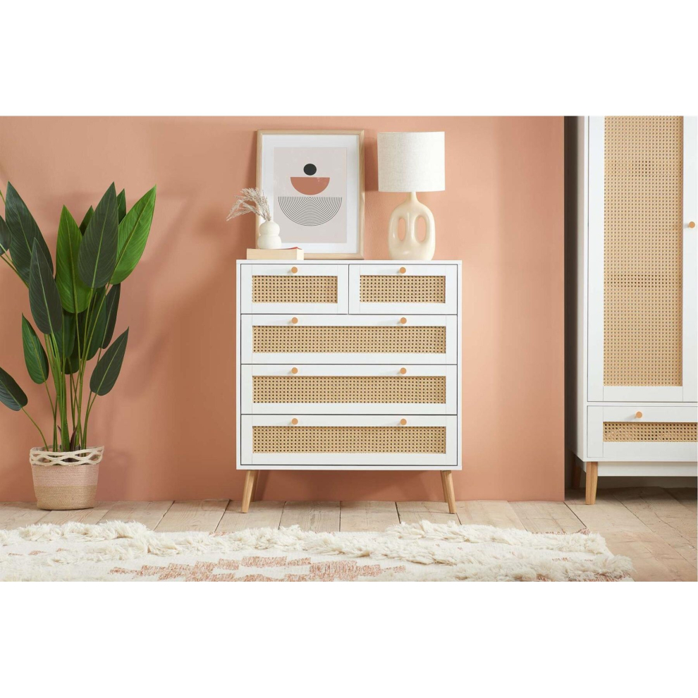 White Chest of 5 Drawers Rattan Birlea Croxley Mid Century Modern