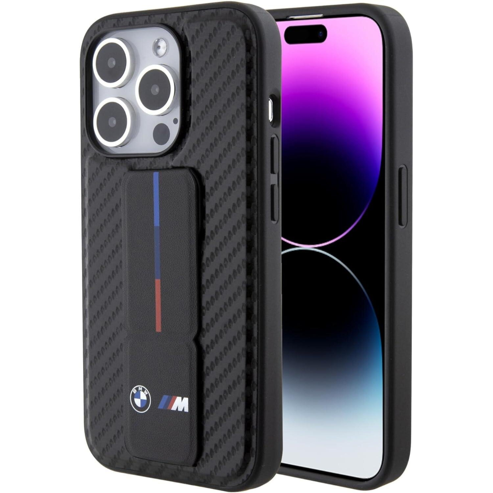 BMW M Series Hard Case Grip Stand Smooth and Carbon for iphone 15 Pro 6.1" Black - BMHCP15LGSPCCK