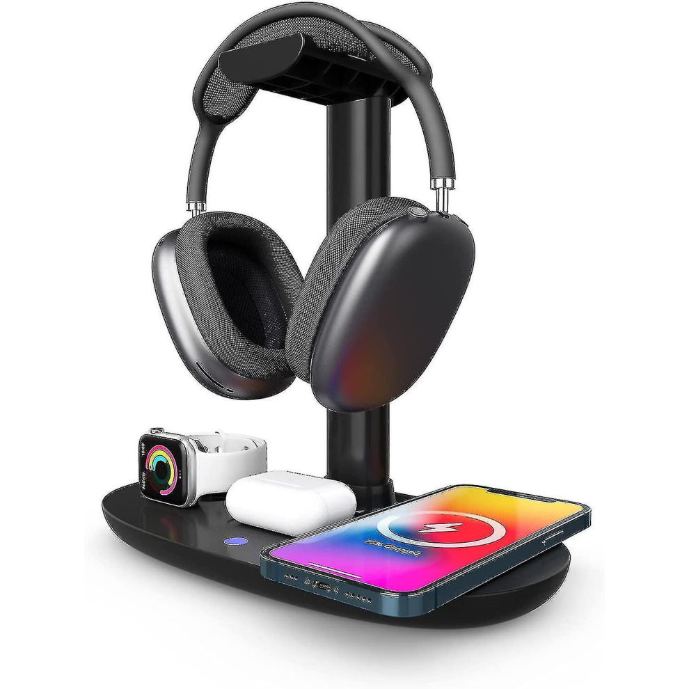 Headphone Stand With Wireless Charger, 4 In 1 Charging Station Headset Holder For Desktop Table Game Storage, Black
