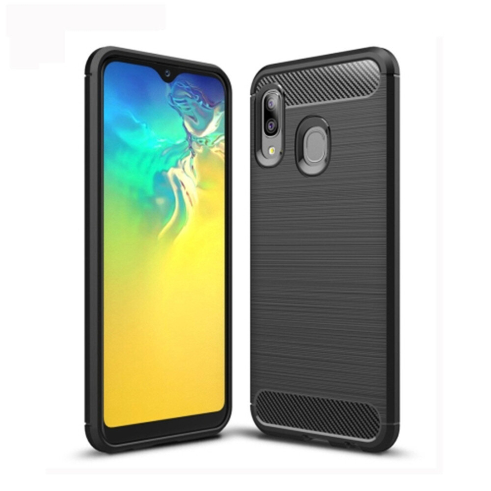2Pcs Brushed Texture Carbon Fiber Tpu Case For Galaxy A20e (Black) Black 8881471517066