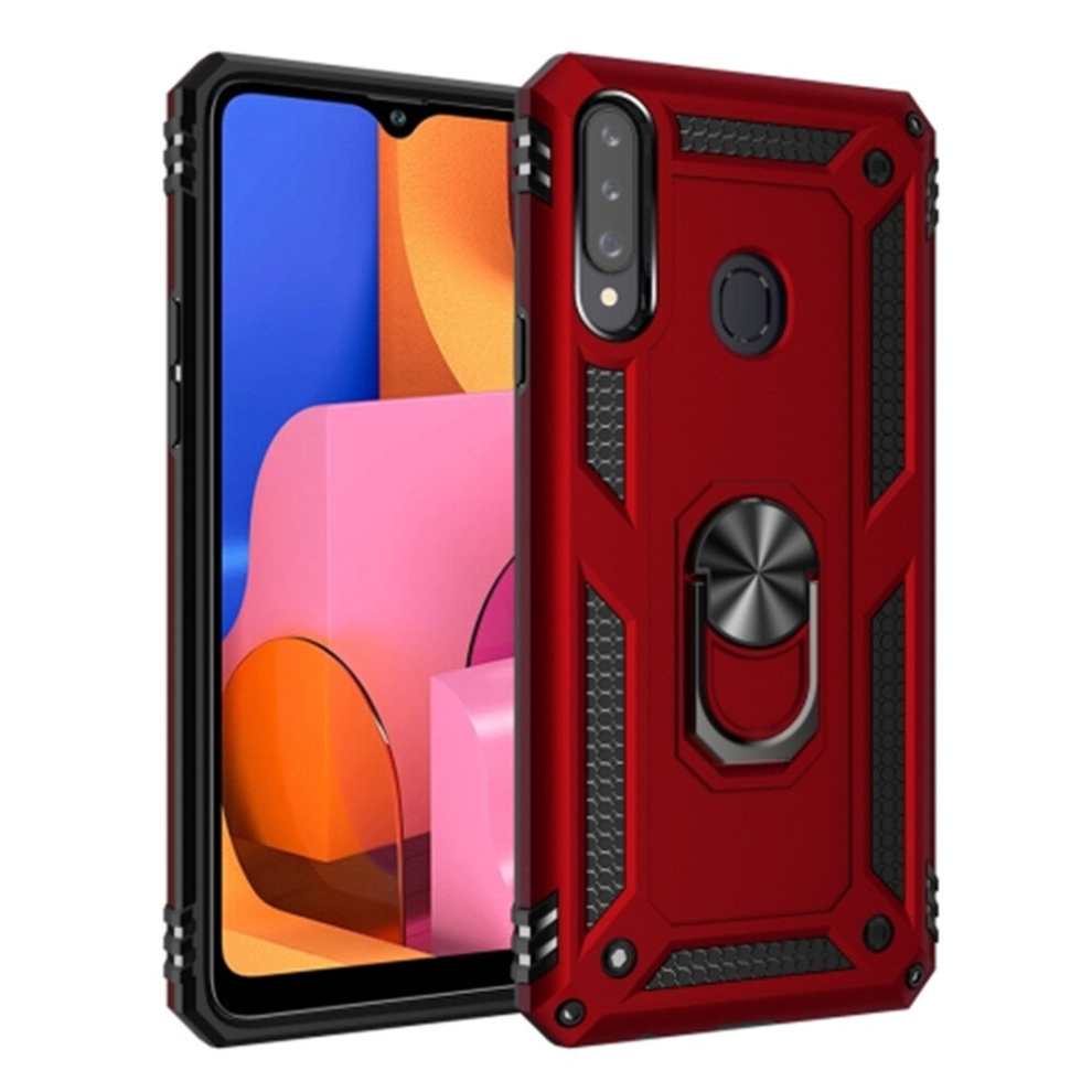 2Pcs For Galaxy A20s Armor Shockproof Tpu + Pc Protective Case With 360 Degree Rotation Holder(Red) Red 8881471517059