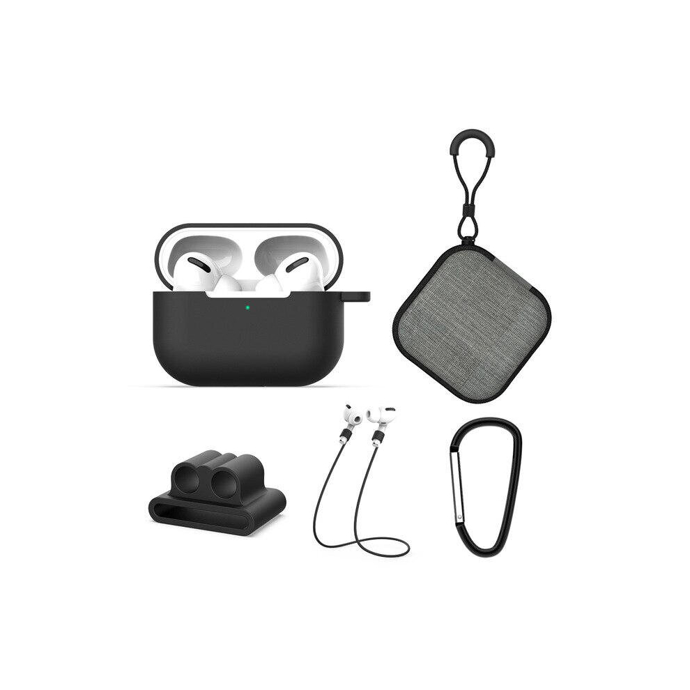 5 In 1 Silicone Shockproof Dirtproof Earphone Storage Case With Strap Hook Keychain Anti-Lost Strap Bag For Apple Airpods Pro 2019 Color Black 4191026571707